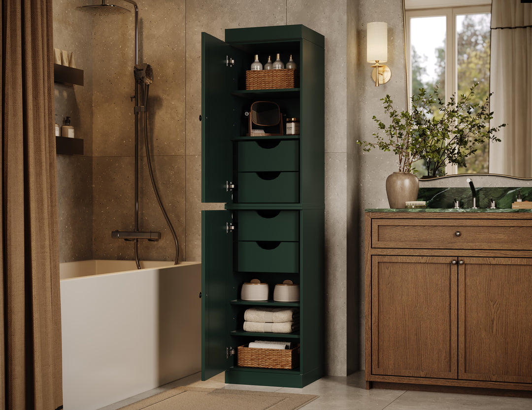 100% Solid Wood Bathroom Storage Cabinet, Raised Panel Doors, 4 Drawers, Adjustable Shelves, 16.5" Wide, 71.5" Tall