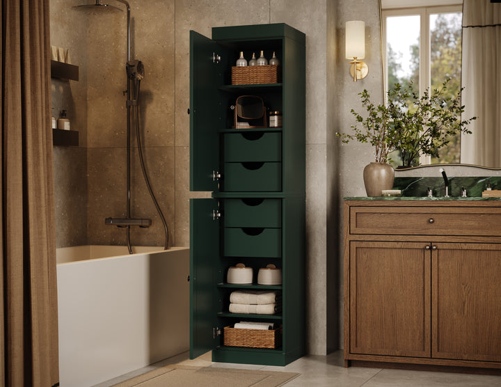 100% Solid Wood Bathroom Storage Cabinet, Raised Panel Doors, 4 Drawers, Adjustable Shelves, 16.5" Wide, 71.5" Tall