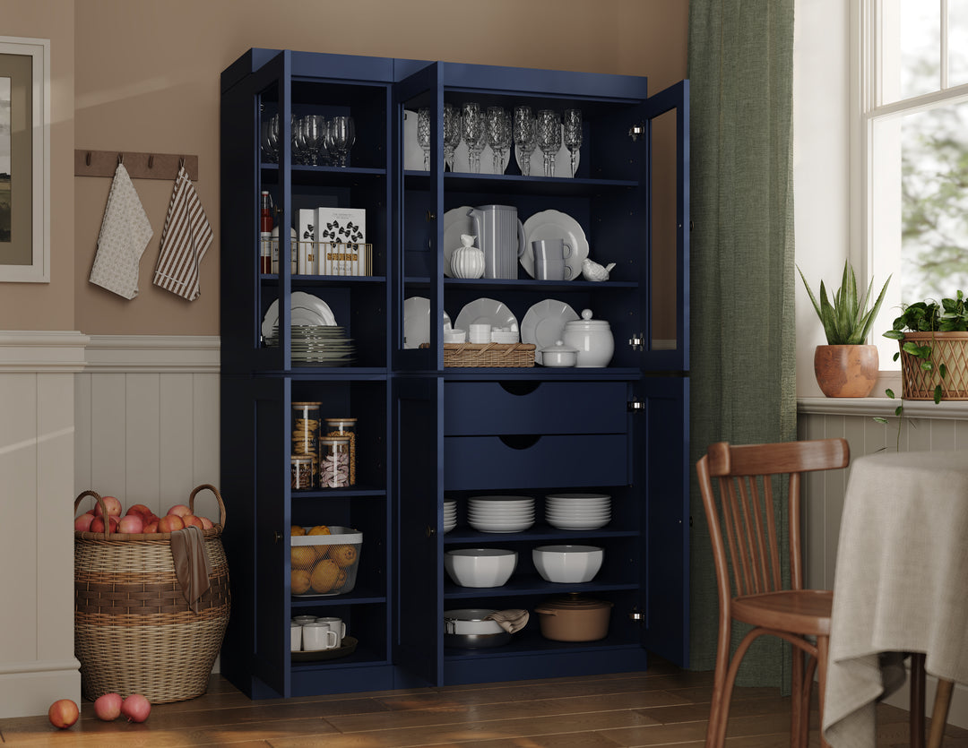 100% Solid Wood 48.5" Pantry China Cabinet, 3 Glass Doors, 3 Shaker Doors, 2-Drawers