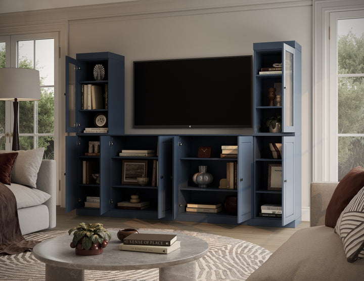 100% Solid Wood 6-Piece Entertainment Center Wall Unit with Storage, Glass & Raised Panel Doors, Adjustable Shelves, 97" W x 71.5" H