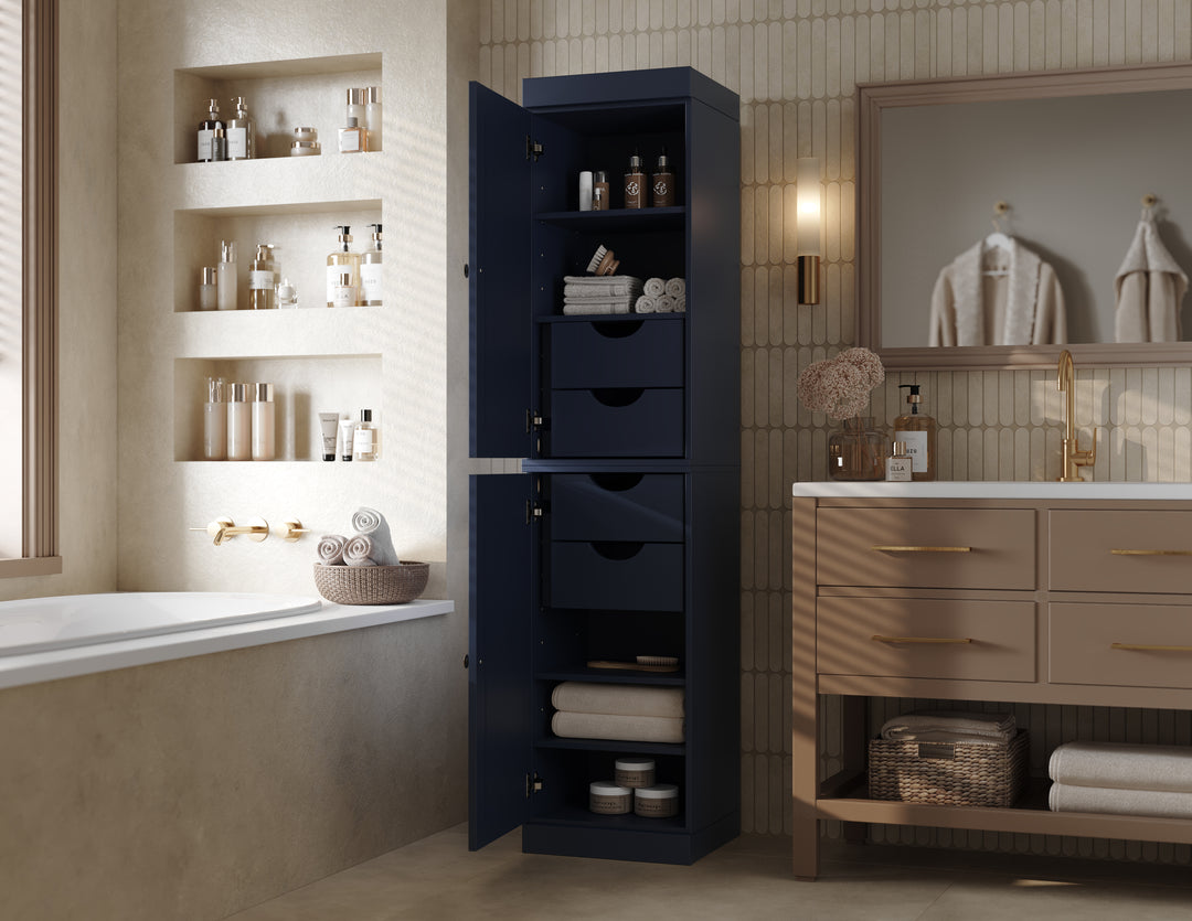 100% Solid Wood Bathroom Storage Cabinet, Raised Panel Doors, 4 Drawers, Adjustable Shelves, 16.5" Wide, 71.5" Tall