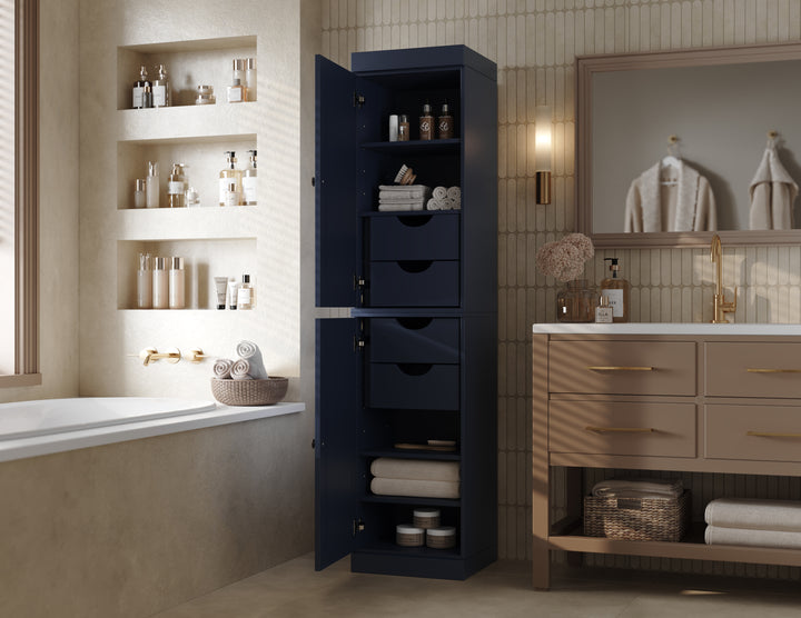 100% Solid Wood Bathroom Storage Cabinet, Raised Panel Doors, 4 Drawers, Adjustable Shelves, 16.5" Wide, 71.5" Tall