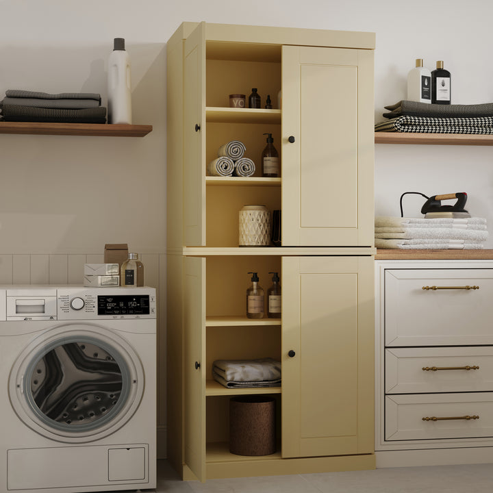 100% Solid Brazilian Pine Wood Bathroom & Laundry Storage Cabinet, Raised Panel Doors, Adjustable Shelves, 32" Wide, 71.5" Tall