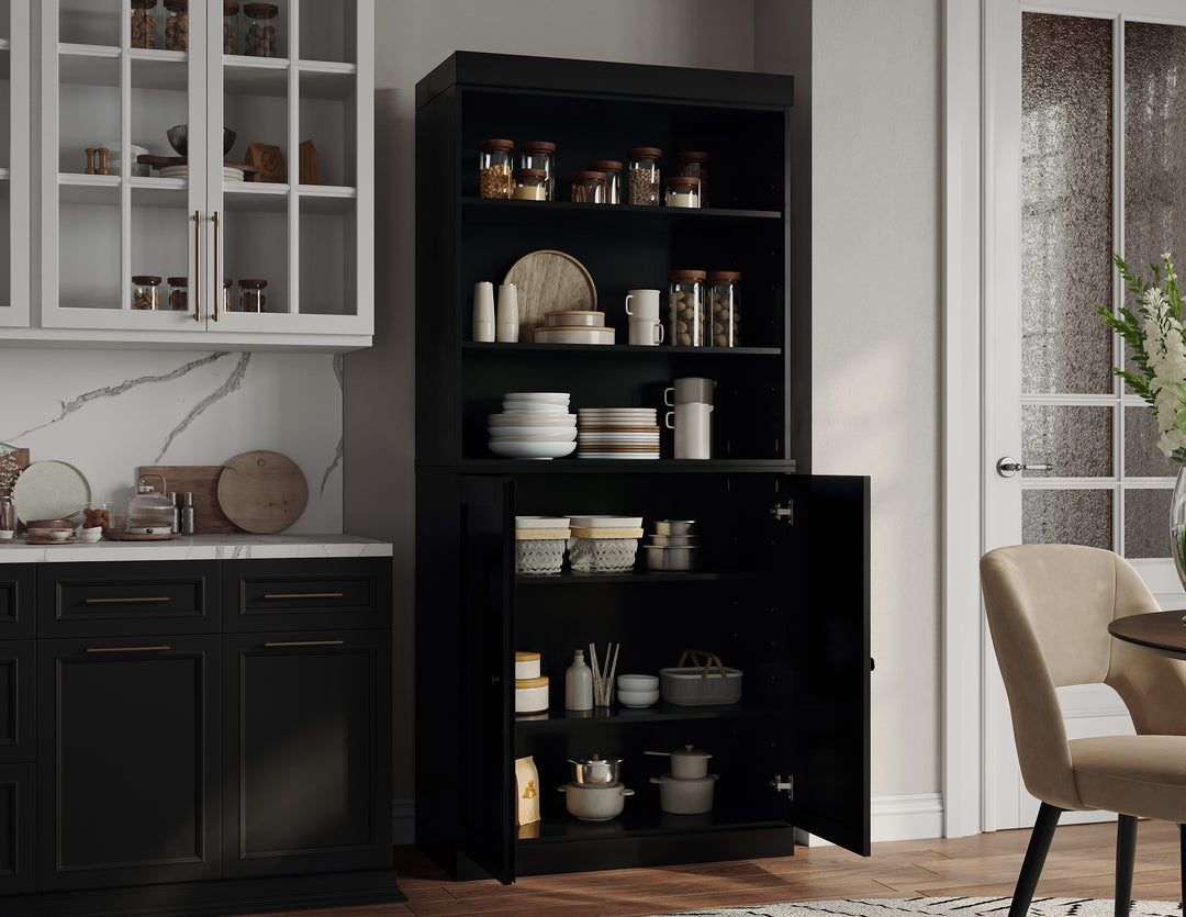 100% Solid Wood Kitchen Pantry Cabinet, Tall Freestanding Modular Storage with Open Shelf & Shaker Doors, Adjustable Shelves, 32" W x 71.5" H