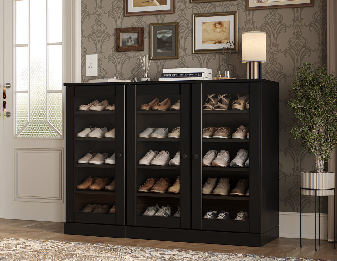 100% Solid Wood Glass Door Shoe Storage Cabinet, Adjustable Shelves, Space Saving Modular Entryway Organizer, 48.5" W x 35.75" H