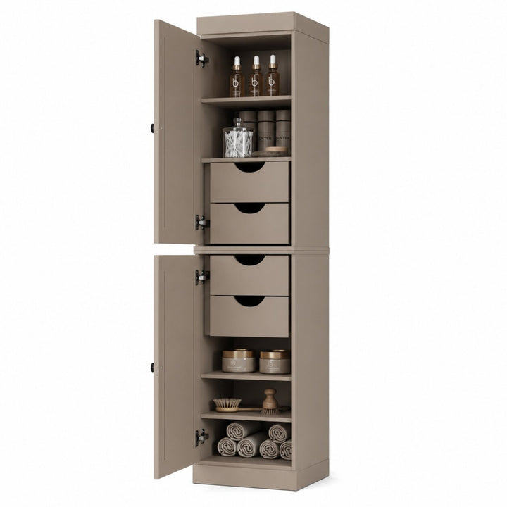 100% Solid Wood Bathroom Storage Cabinet, Raised Panel Doors, 4 Drawers, Adjustable Shelves, 16.5" Wide, 71.5" Tall