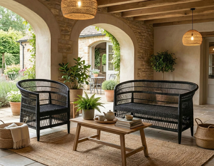 100% Handwoven Natural Rattan 2-Piece Indoor Seating Set with Chair and Loveseat, Solid Wood Frame, Boho Farmhouse, Authentic African Craftsmanship