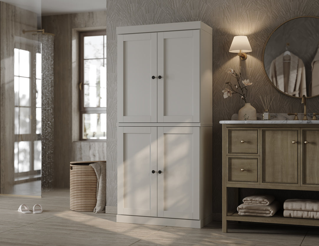 100% Solid Wood Tall Freestanding Modular Bathroom Linen Storage Cabinet for Laundry Room with Shaker Doors, Adjustable Shelves, 32" W x 71.5" H