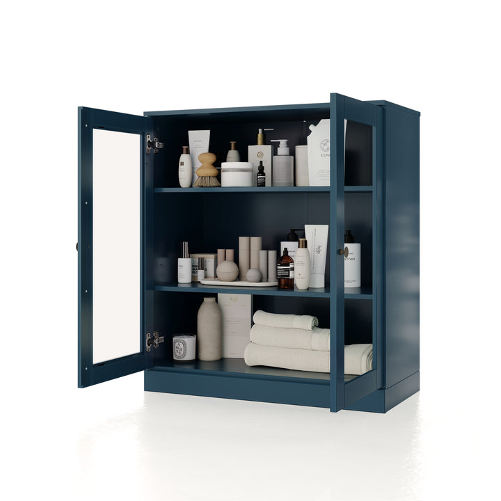 100% Solid Brazilian Pine Wood 32" Bathroom Storage Cabinet with Clear Glass Doors  and Adjustable Shelves