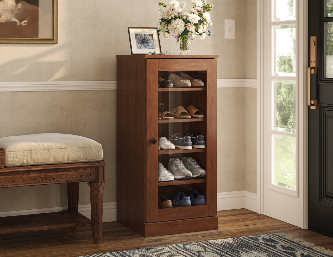100% Solid Wood Narrow Glass Door Shoe Storage Cabinet with Adjustable Shelves, Space Saving Stackable Organizer, 16.5" W x 35.75" H