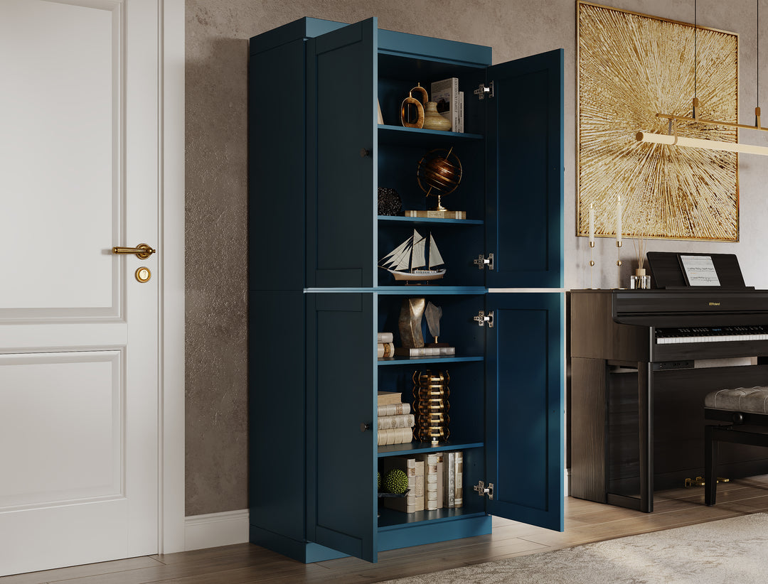 100% Solid Wood 6-Shelf 32" Bookcase, Shaker Wood Doors, Adjustable Shelves