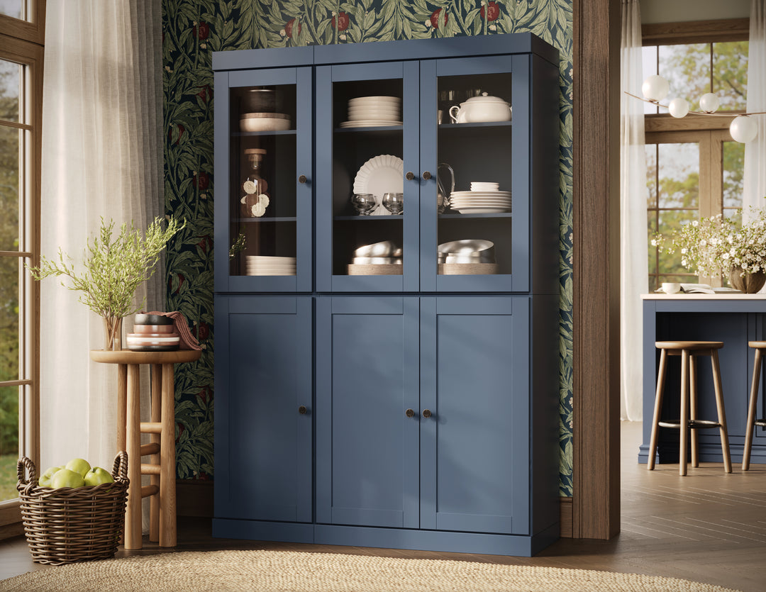 100% Solid Wood 48.5" Pantry China Cabinet, 3 Glass Doors, 3 Shaker Doors, 2-Drawers