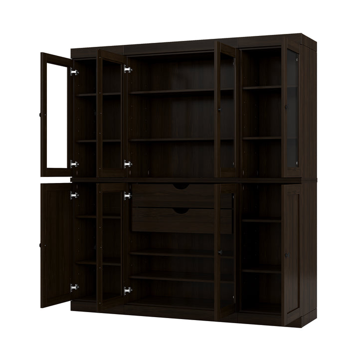 100% Solid Brazilian Pine Wood Pantry China Cabinet, Clear Glass & Shaker Doors, 2 Drawers, Adjustable Shelves, 65" Wide, 71.5" Tall