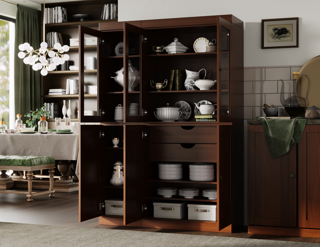 100% Solid Wood 48.5" Pantry China Cabinet, 3 Glass Doors, 3 Shaker Doors, 2-Drawers