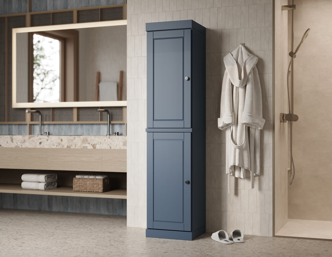100% Solid Wood Bathroom Storage Cabinet, Raised Panel Doors, 2 Drawers, Adjustable Shelves, 16.5" Wide, 71.5" Tall