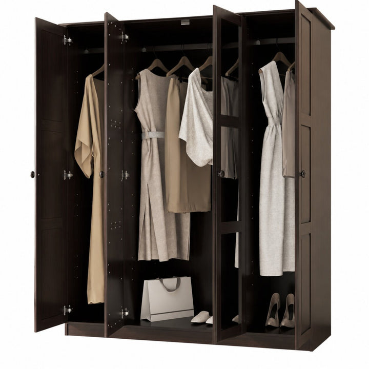 100% Solid Wood 4-Door Wardrobe Armoire with Mirrored Doors, Bedroom Closet Storage - Regal Collection