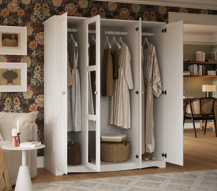 100% Solid Wood 4-Door Wardrobe Armoire with Mirrored Doors, Bedroom Closet Storage - Regal Collection with Metal Knobs
