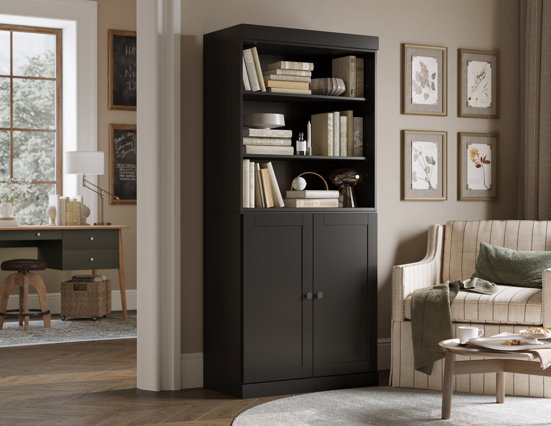 100% Solid Wood 6-Shelf 32" Bookcase Cabinet, 2 Solid Shaker Wood Doors, Adjustable Shelves