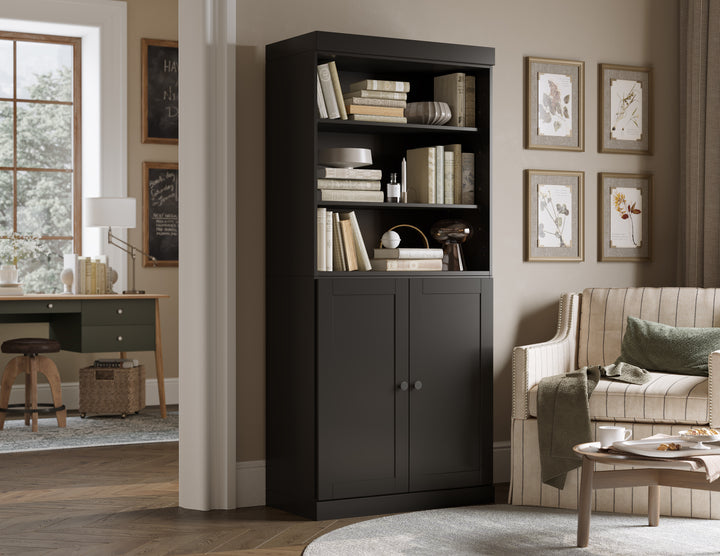 100% Solid Wood 6-Shelf 32" Bookcase Cabinet, 2 Solid Shaker Wood Doors, Adjustable Shelves