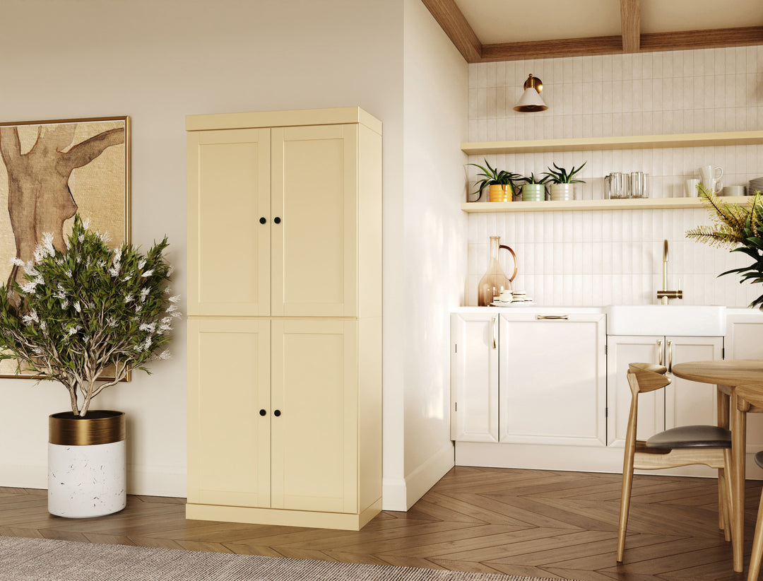 100% Solid Wood 32" Pantry Cabinet, Shaker Wood Doors, 2-Drawers