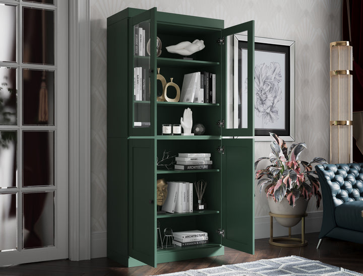 100% Solid Wood 6-Shelf 32" Bookcase, 2 Glass Doors, 2 Shaker Wood Doors, Adjustable Shelves