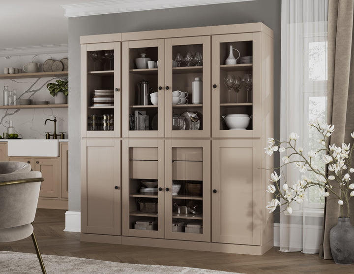 100% Solid Wood 65" China Pantry Cabinet, 6 Glass, 2 Shaker Wood Doors, 2 Drawers