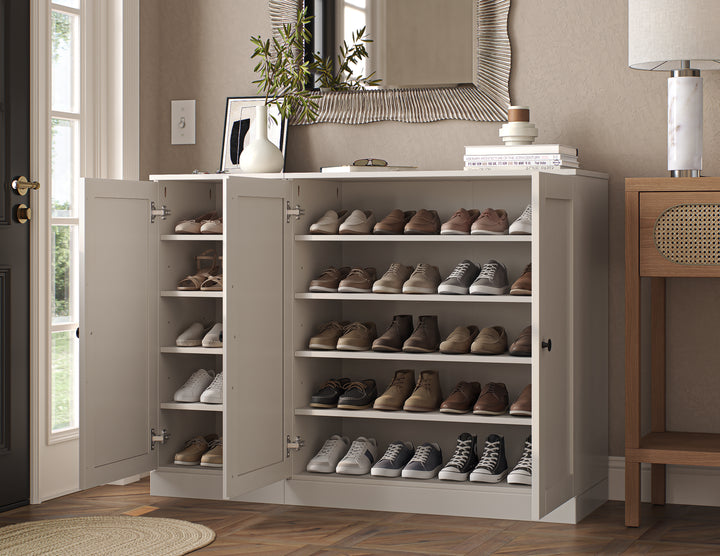 100% Solid Wood Shoe Storage Cabinet with Shaker Doors, Adjustable Shelves, Space Saving Modular Entryway Organizer, 48.5" W x 35.75" H