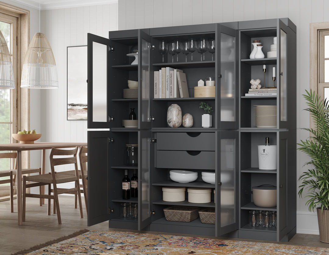 100% Solid Brazilian Pine Wood 65" Pantry Cabinet with Frosted Glass, Shaker Doors, 2-Drawers and Adjustable Shelves