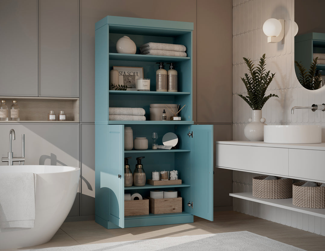 100% Solid Wood Tall Freestanding Modular Bathroom Linen Storage Cabinet with Open Shelf & Raised Panel Doors, Adjustable Shelves, 32" W x 71.5" H