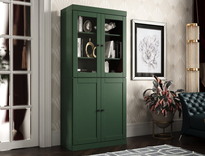 100% Solid Wood 6-Shelf 32" Bookcase, 2 Glass Doors, 2 Shaker Wood Doors, Adjustable Shelves