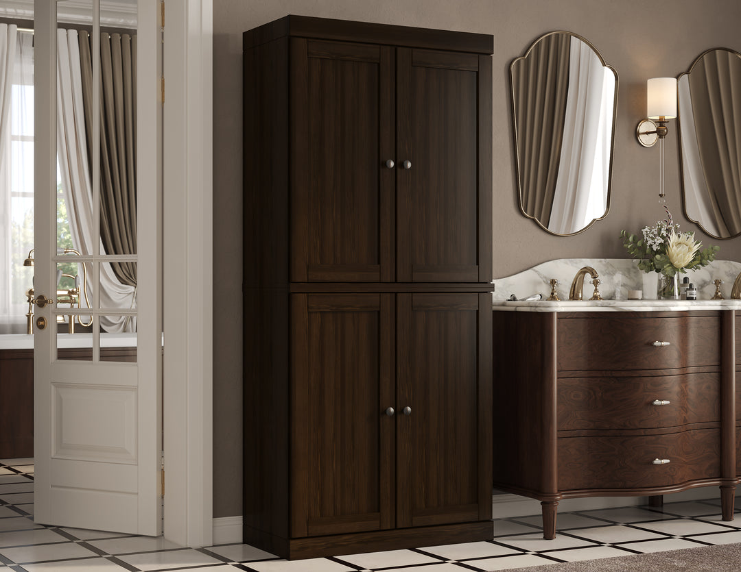 100% Solid Wood Tall Freestanding Modular Bathroom Linen Storage Cabinet with Shaker Doors, 2 Drawers, Adjustable Shelves, 32" W x 71.5" H