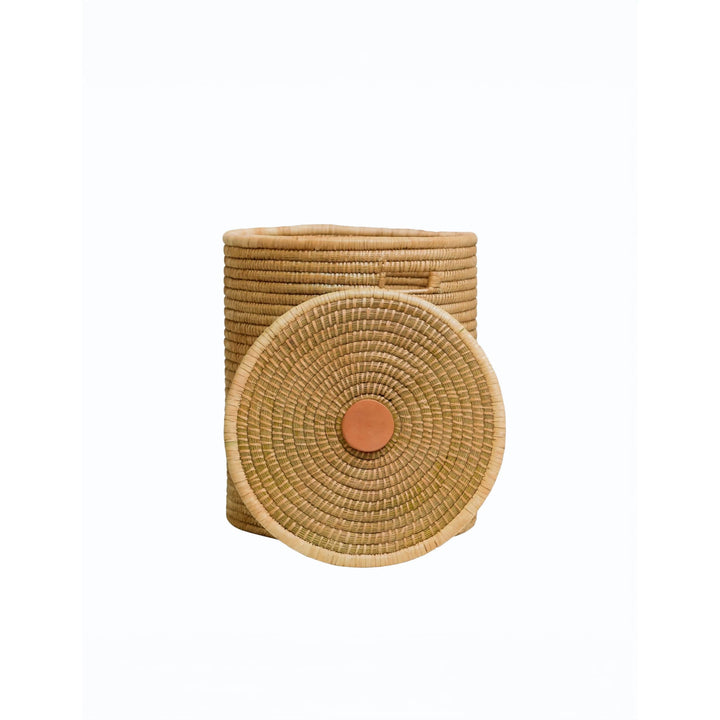 100% Handwoven Natural Rattan 19" Round Basket with Lid & Handles, Boho Farmhouse Decorative Laundry & Storage Organizer, Handcrafted – Authentic African Craftsmanship, Baskets - Palace Imports