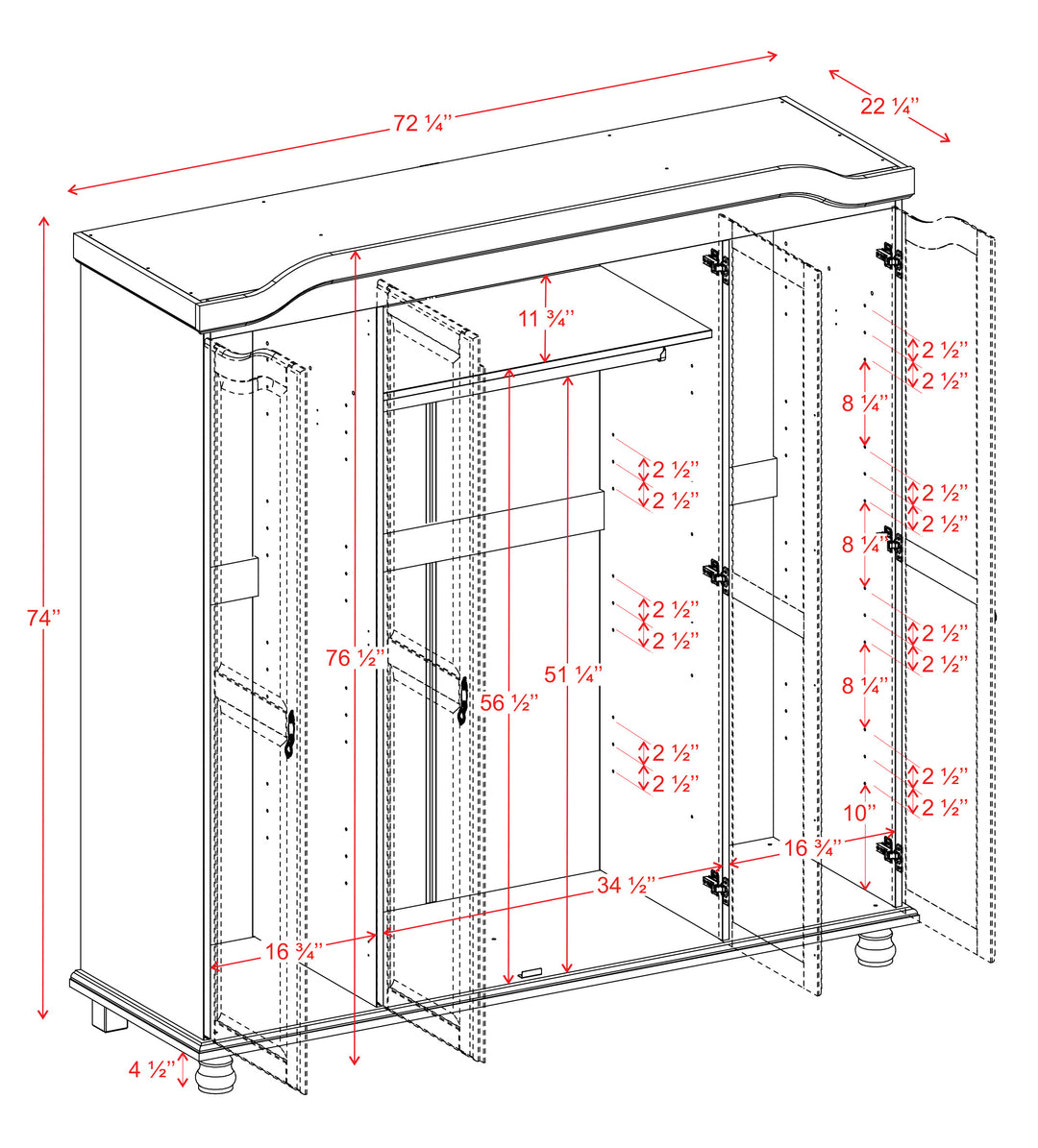 100% Solid Wood 4-Door Wardrobe Armoire with Raised Panel Doors, Bedroom Closet Storage - Kyle Collection
