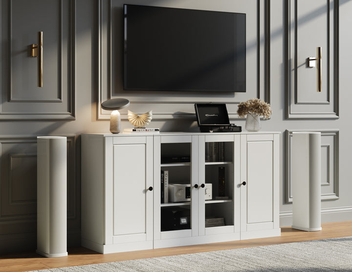 100% Solid Wood TV Stand for TVs up to 65" with Clear Glass, Raised Panel Doors, Adjustable Shelves