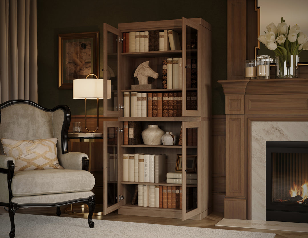 Premium 100% Solid European Oak Hardwood 6-Shelf Modular Bookcase with Tinted Glass Doors – 32" Wide, 71.5" Tall