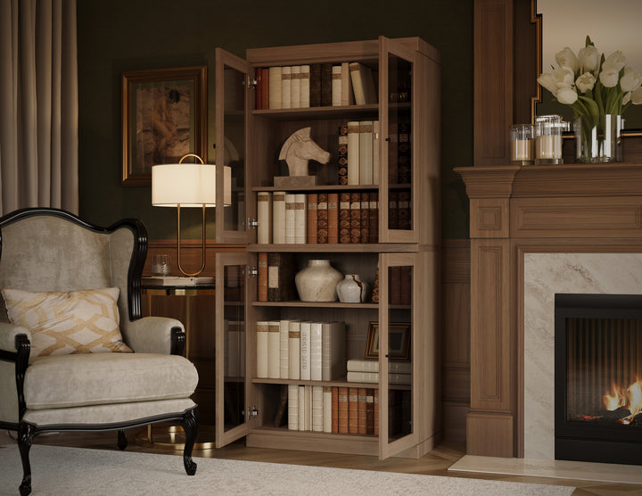 Premium 100% Solid European Oak Hardwood 6-Shelf Modular Bookcase with Tinted Glass Doors – 32" Wide, 71.5" Tall