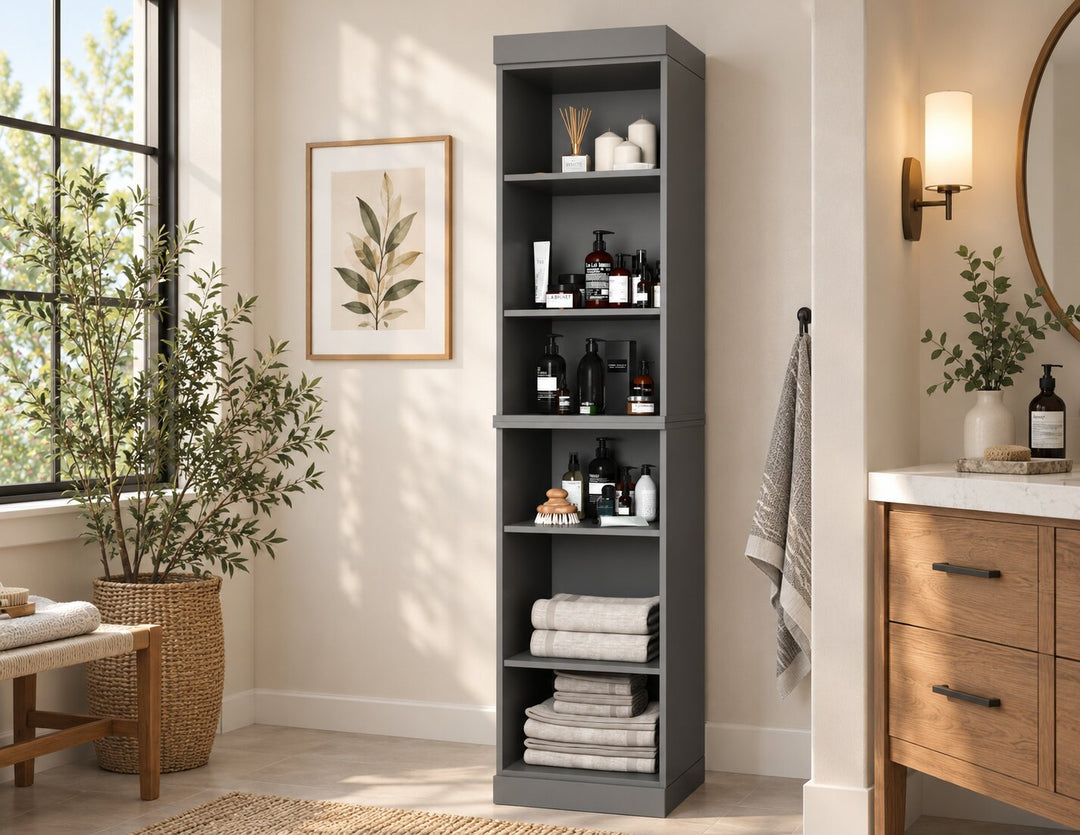 100% Solid Wood Tall Freestanding Modular Bathroom Linen Storage Cabinet with Open Shelves, Adjustable Shelves, 16.5" W x 71.5" H