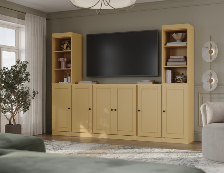 100% Solid Wood 7-Piece Entertainment Center Wall Unit with Storage, Open Cabinets & Raised Panel Doors, Adjustable Shelves, 98" W x 71.5" H