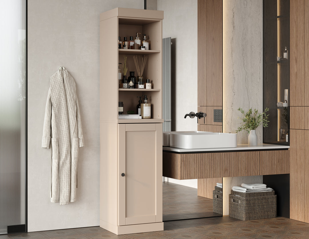 100% Solid Wood Tall Freestanding Modular Bathroom Linen Storage Cabinet with Open Shelf & Shaker Door, Adjustable Shelves, 16.5" W x 71.5" H
