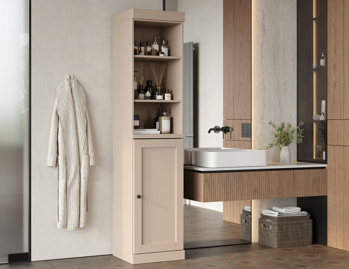 100% Solid Wood Tall Freestanding Modular Bathroom Linen Storage Cabinet with Open Shelf & Shaker Door, Adjustable Shelves, 16.5" W x 71.5" H