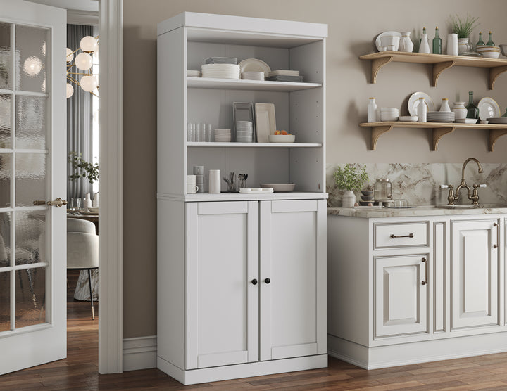 100% Solid Wood Kitchen Pantry Cabinet, Tall Freestanding Modular Storage with Open Shelf & Shaker Doors, Adjustable Shelves, 32" W x 71.5" H