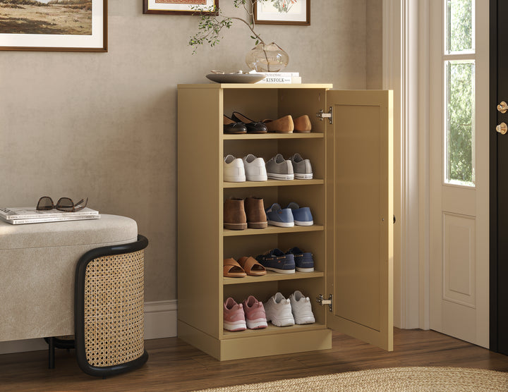 100% Solid Wood Narrow Shoe Storage Cabinet with Shaker Door, Adjustable Shelves, Space Saving Stackable Organizer, 16.5" W x 35.75" H