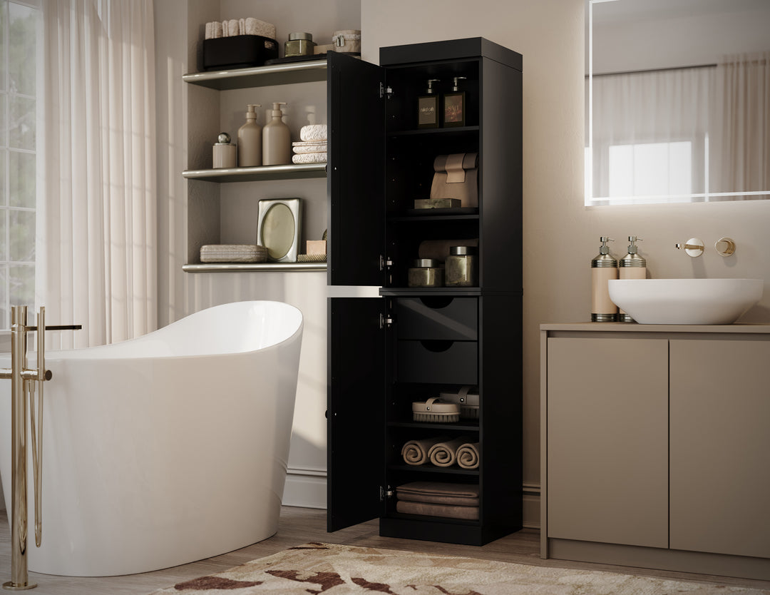 100% Solid Wood Bathroom Storage Cabinet, Raised Panel Doors, 2 Drawers, Adjustable Shelves, 16.5" Wide, 71.5" Tall
