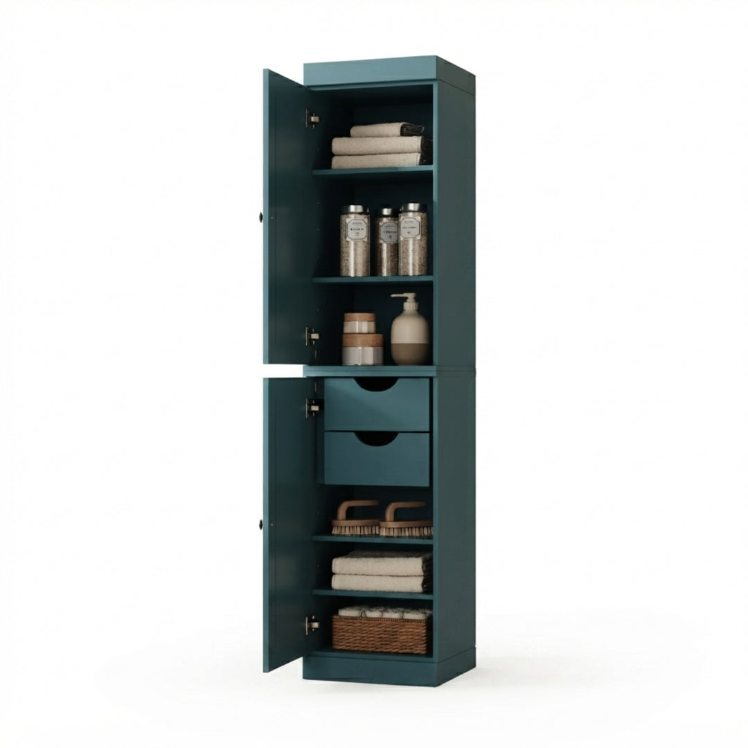 100% Solid Wood Bathroom Storage Cabinet, Raised Panel Doors, 2 Drawers, Adjustable Shelves, 16.5" Wide, 71.5" Tall