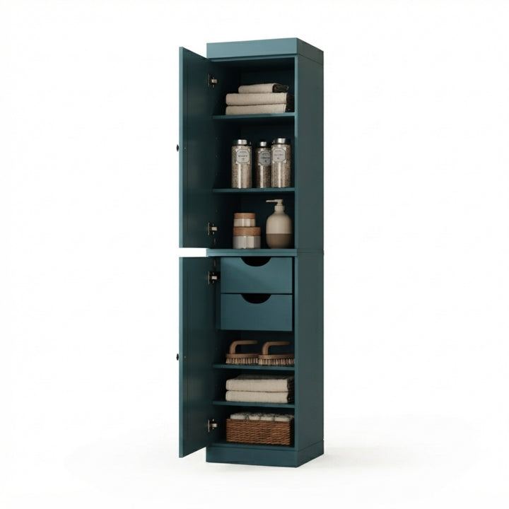 100% Solid Wood Bathroom Storage Cabinet, Raised Panel Doors, 2 Drawers, Adjustable Shelves, 16.5" Wide, 71.5" Tall
