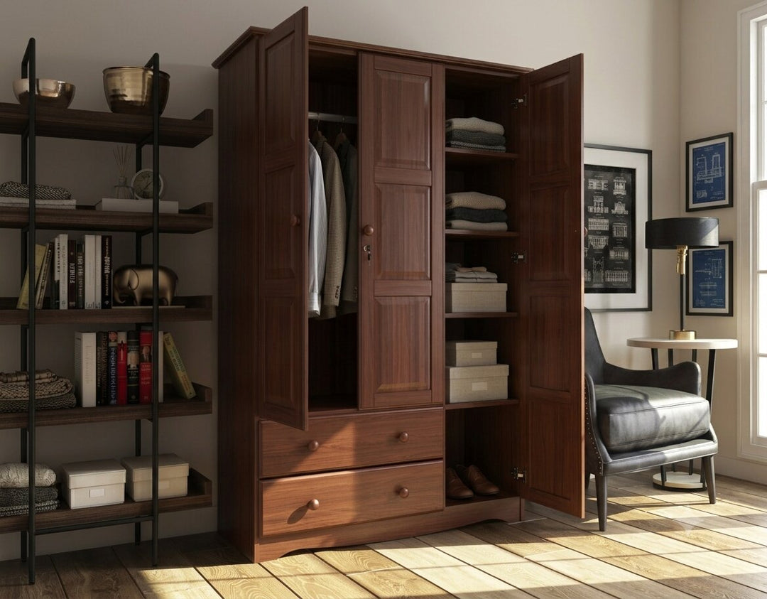 100% Solid Wood 3-Door Wardrobe Armoire with Raised Panel Doors, Bedroom Closet Storage - Grand Collection