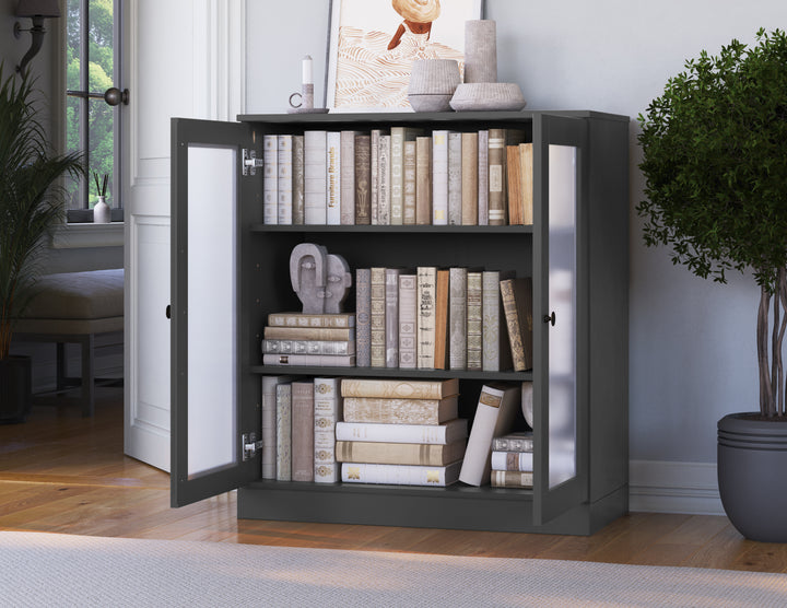 100% Solid Wood Freestanding 3-Shelf Bookcase Cabinet with Frosted Glass Doors & Adjustable Shelves, Display Storage Bookshelf, 32" W x 35.75" H