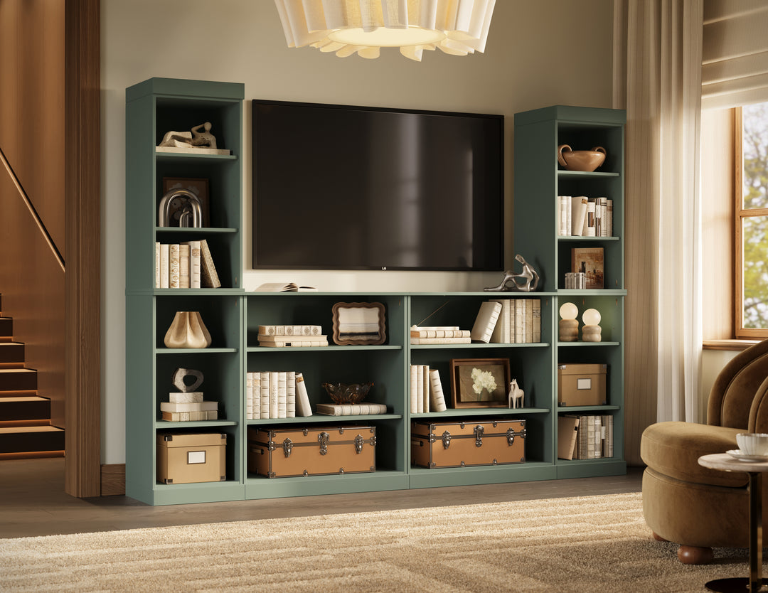 100% Solid Wood 6-Piece Entertainment Center Wall Unit with Storage, Open Cabinets, Adjustable Shelves, 97" W x 71.5" H
