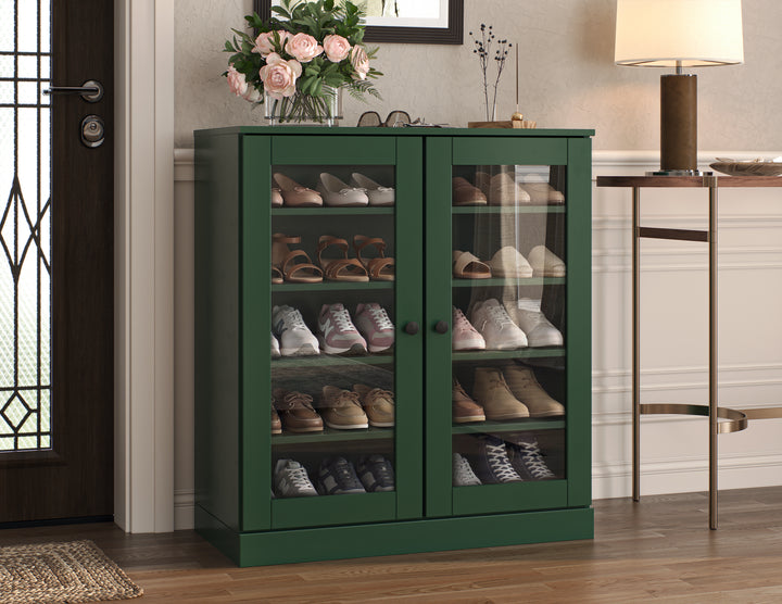 100% Solid Wood Glass Door Shoe Storage Cabinet with Adjustable Shelves, Space Saving Stackable Entryway Organizer, 32" W x 35.75" H