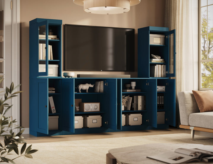 100% Solid Wood 6-Piece Entertainment Center Wall Unit with Storage, Glass & Shaker Doors, Adjustable Shelves, 97" W x 71.5" H
